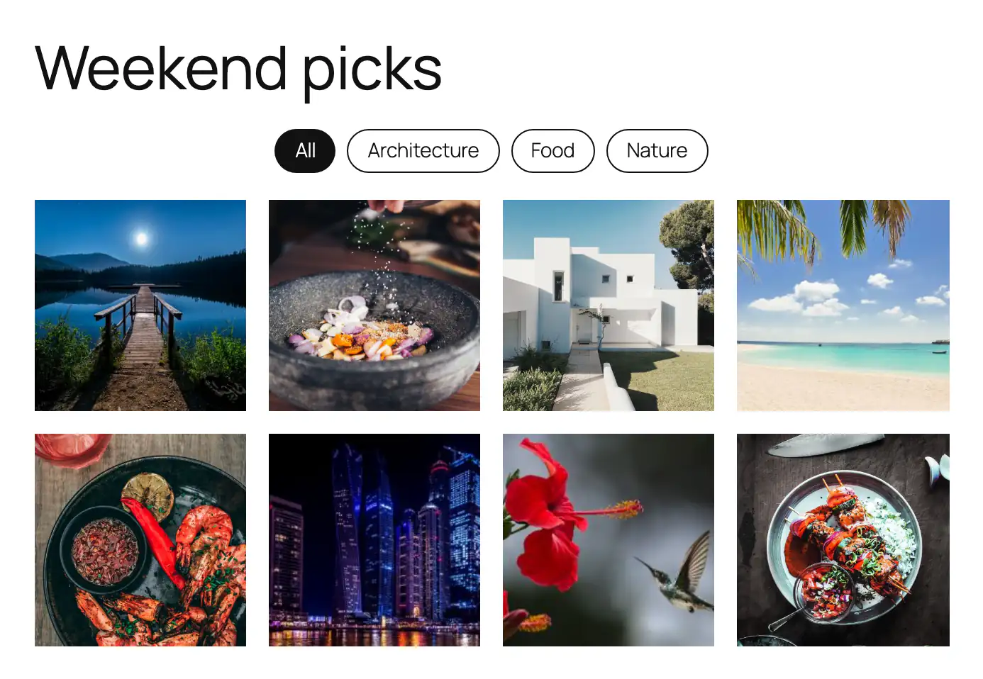 A draft page titled Weekend picks with centered pill filter buttons All, Architecture, Food and Nature above a four-column grid of eight photos