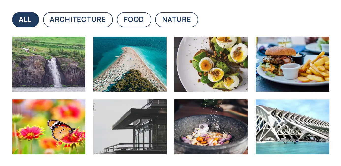 A filter row with uppercase pill buttons, the active All button filled in navy, above a grid of photos