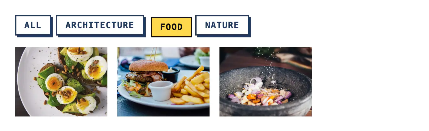 Square monospace filter buttons with hard offset shadows; the active Food button is yellow and pressed in, above three food photos