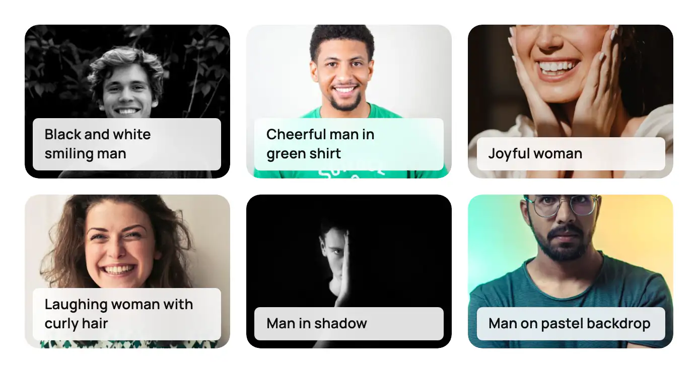 Six portraits with rounded corners, each with a light, semi-transparent caption label near the bottom