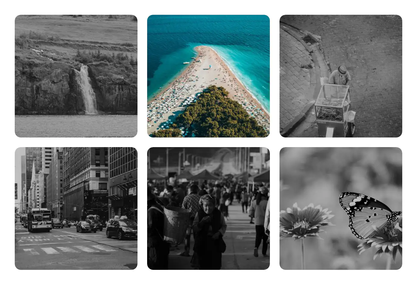 A grid of six rounded photos; the hovered beach photo is in color, the other five are grey and slightly darker