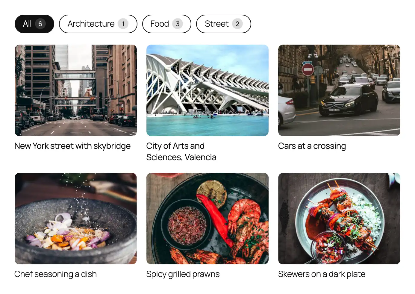 Pill filter buttons All 6, Architecture 1, Food 3, Street 2 above a grid of six photos with captions: three project posts and three food photos