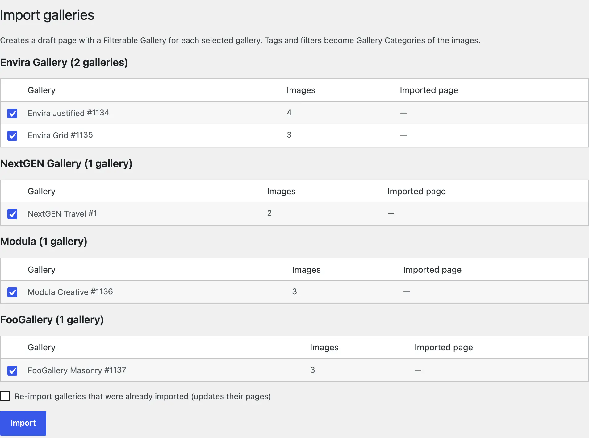 The Import galleries screen in the WordPress admin, listing two Envira galleries, one NextGEN, one Modula and one FooGallery gallery with image counts and checkboxes, and an Import button