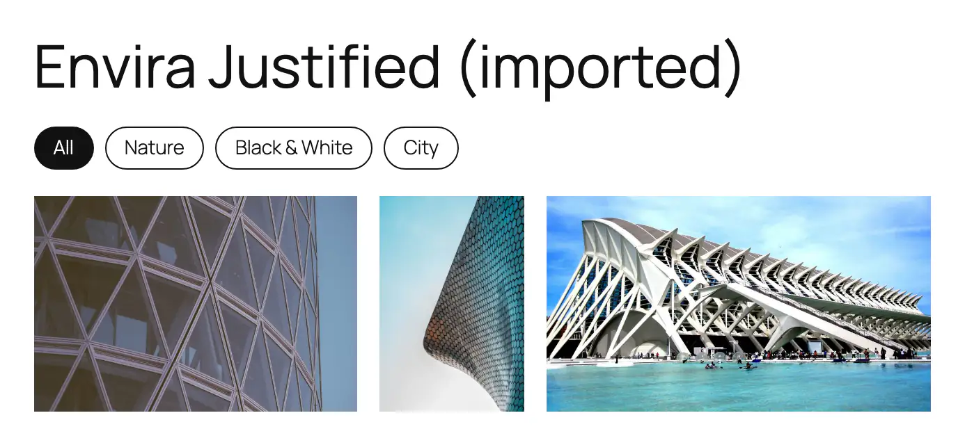 An imported page titled Envira Justified (imported), with pill filter buttons All, Nature, Black and White and City above a justified row of three architecture photos