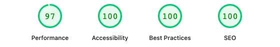 Lighthouse report, mobile, home page: Performance 100, Accessibility 100, Best Practices 100, SEO 100.