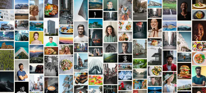 A Gallery Z masonry gallery zoomed out: one hundred small photo thumbnails of buildings, landscapes, portraits, food and streets.