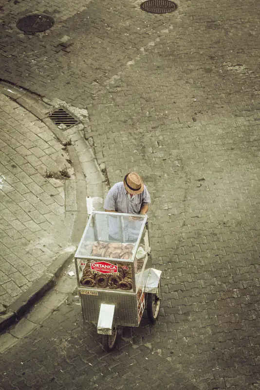 Bagel vendor on cobblestones
