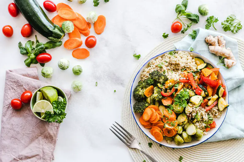 Colorful vegetable bowl flat lay