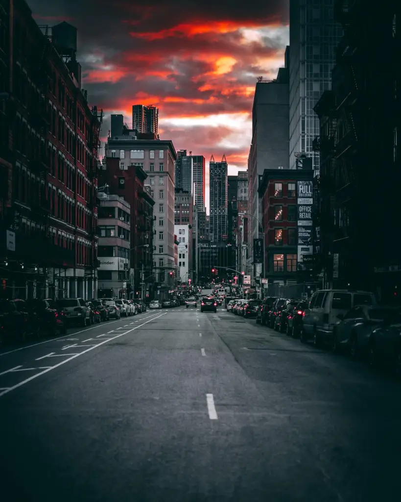 Downtown street at sunset