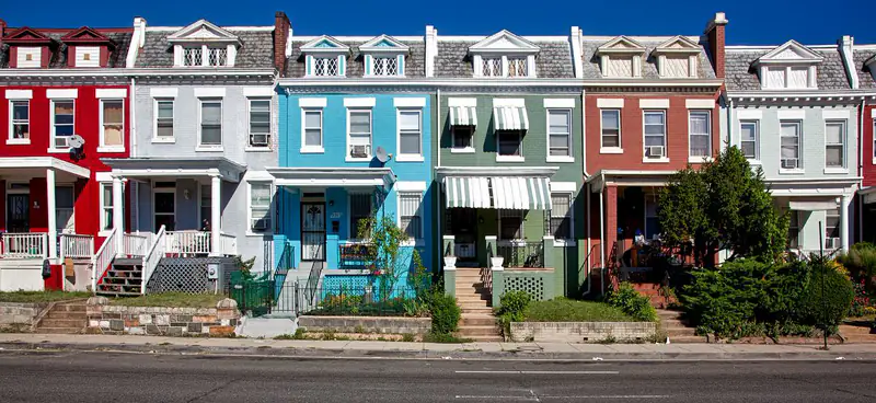 Row of colorful townhouses