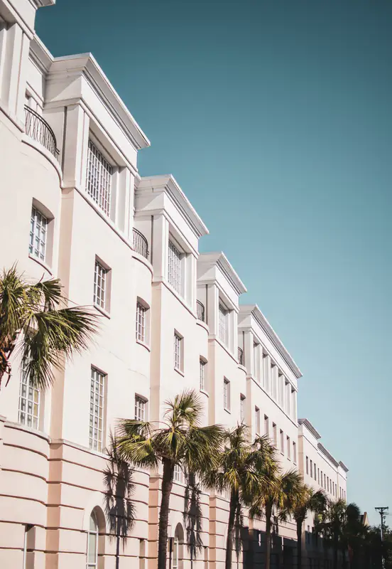 White facade with palm trees